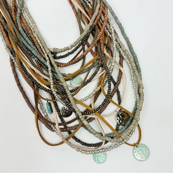 Chico's SERENA Brown Green Wood Bead Leather Multi Strand Boho Charm Necklace - Picture 10 of 16